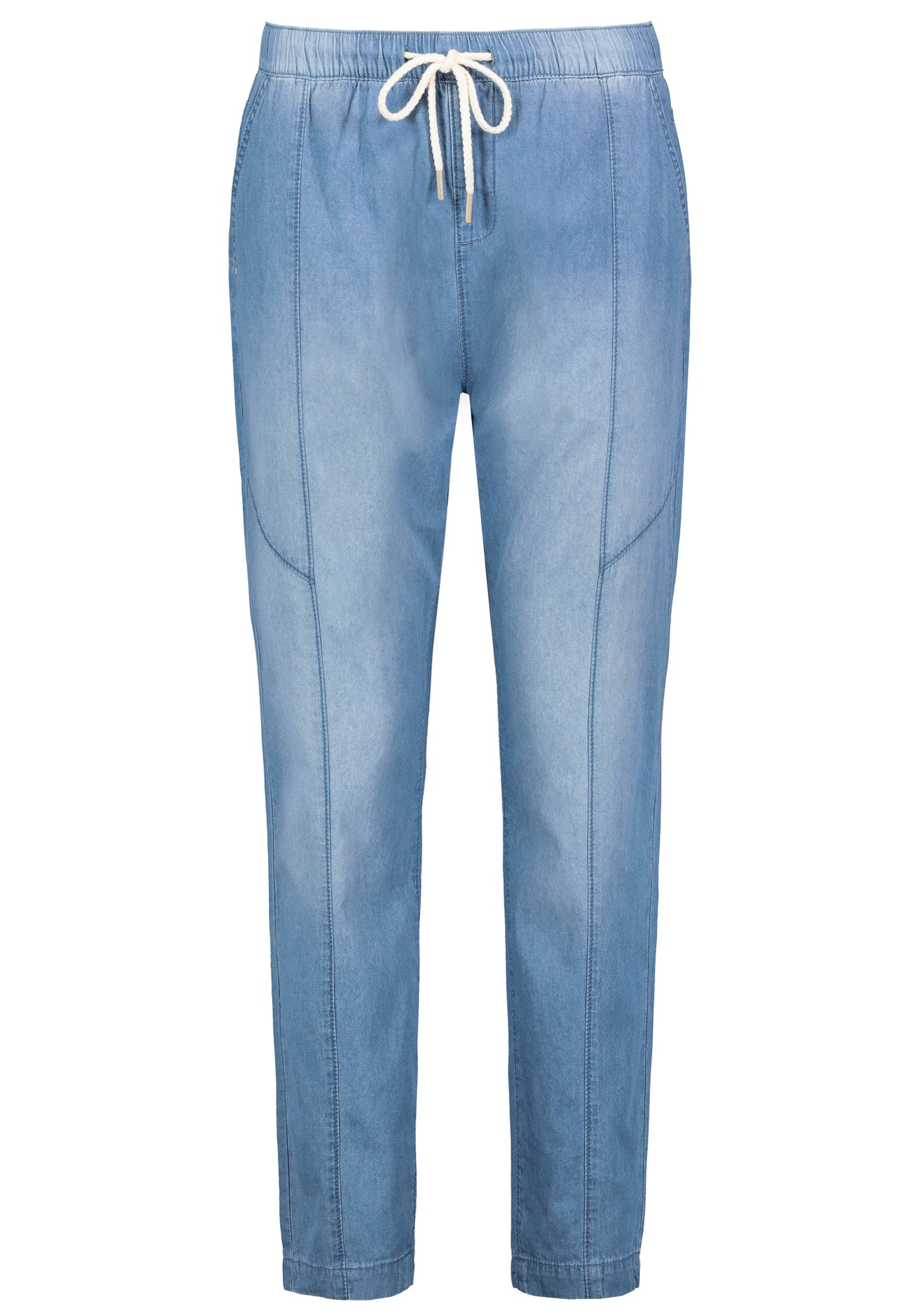 Denim, schräge Eingrifftaschen, Passe, Taschen hinten, Gummibund mit String, brush,stone wash
